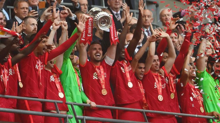Liverpool lift the FA Cup trophy after beating Chelsea on penalties