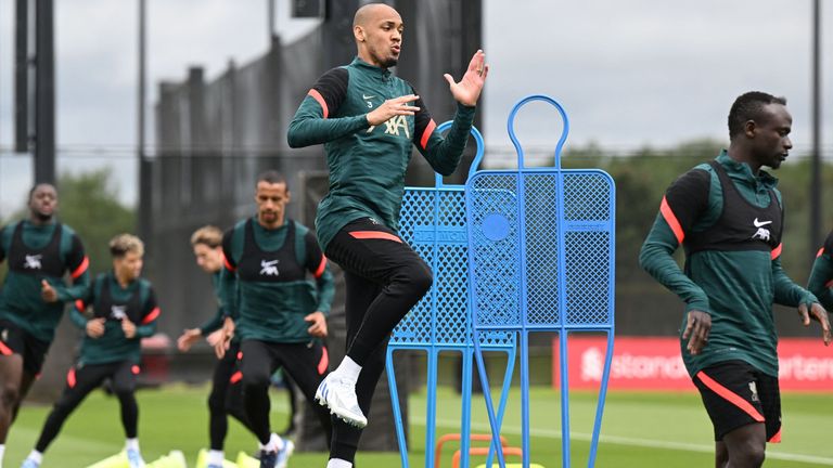 Fabinho en el entrenamiento del Liverpool antes de la final de la Champions League