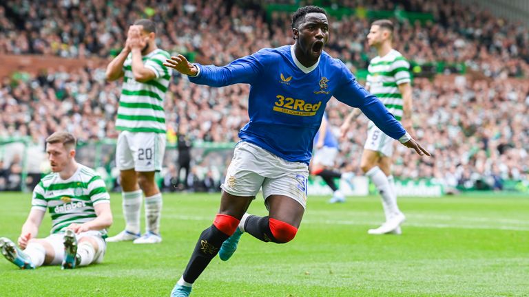 Rangers&#39; Fashion Sakala celebrates after making it 1-1