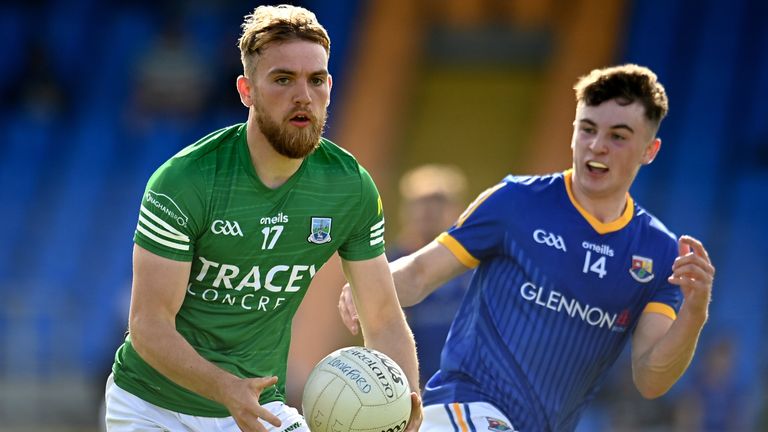 Ultan Kelm of Fermanagh in action against Daniel Reynolds of Longford during the Tailteann Cup Round 1 match between Longford and Fermanagh at Glennon Brothers Pearse Park in Longford. Photo by Sam Barnes/Sportsfile