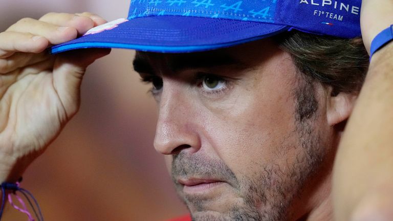Alpine driver Fernando Alonso of Spain addresses to the media during a press conference at the Barcelona Catalunya racetrack in Montmelo, Spain, Friday, May 20, 2022. The Formula One race will be held on Sunday. (AP Photo/Manu Fernandez)