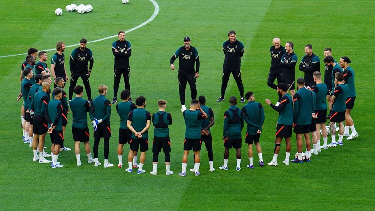 Liverpool manager Jurgen Klopp talks to the players during a training session at the Stade de France ahead of Saturday's UEFA Champions League final in Paris. 
