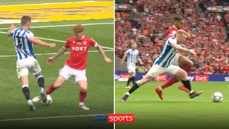 Huddersfield Town were denied two penalties after challenges to Harry Toffolo and Lewis O'Brien were not awarded penalties during their 1–0 play-off final against Nottingham Forest.