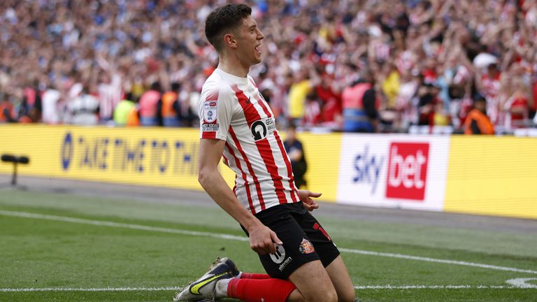 Sunderland's Ross Stewart celebrates scoring their side's second goal of the game during the Sky Bet League One play-off final at Wembley Stadium, London.