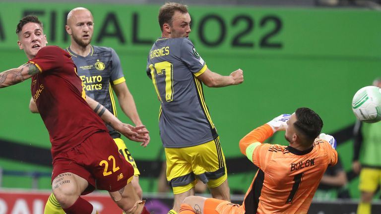 Roma&#39;s Nicolo Zaniolo scores his side&#39;s opening goal during the Europa Conference League final