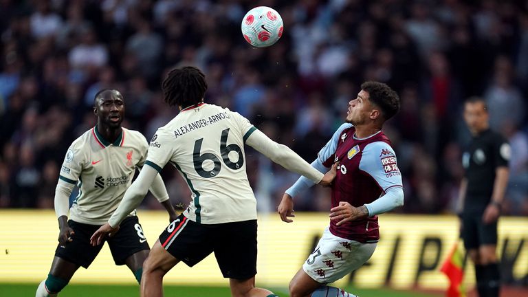 Aston Villa's Philippe Coutinho tries to get past Liverpool's Trent Alexander-Arnold during the Premier League match at Villa Park, Birmingham. 
