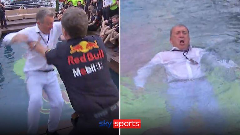 Sky Sports News reporter thrown into pool by Red Bull boss