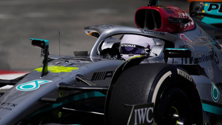 Mercedes driver Lewis Hamilton of Britain steers his car during the first free practice at the Monaco racetrack, in Monaco, Friday, May 27, 2022. The Formula one race will be held on Sunday. (AP Photo/Daniel Cole)