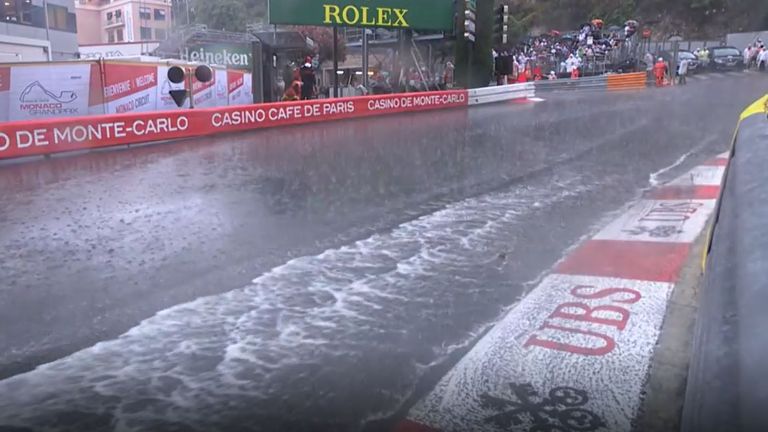 Rivers of water flow across the Monaco track after heavy downpours in Monte Carlo.