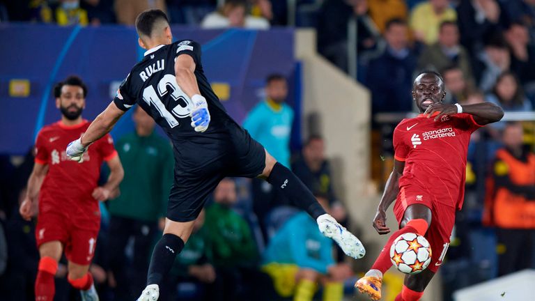 Geronimo Rulli of Villarreal competes for the ball with Sadio Mane of Liverpool during the UEFA Champions League Semi Final Leg Two match between Villarreal and Liverpool at Estadio de la Ceramica on May 03, 2022 in Villarreal, Spain. (Photo by Silvestre Szpylma/Quality Sport Images/Getty Images)