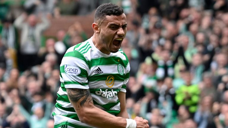 Giorgos Giakoumakis celebrates after scoring Celtic's fourth goal against Hearts