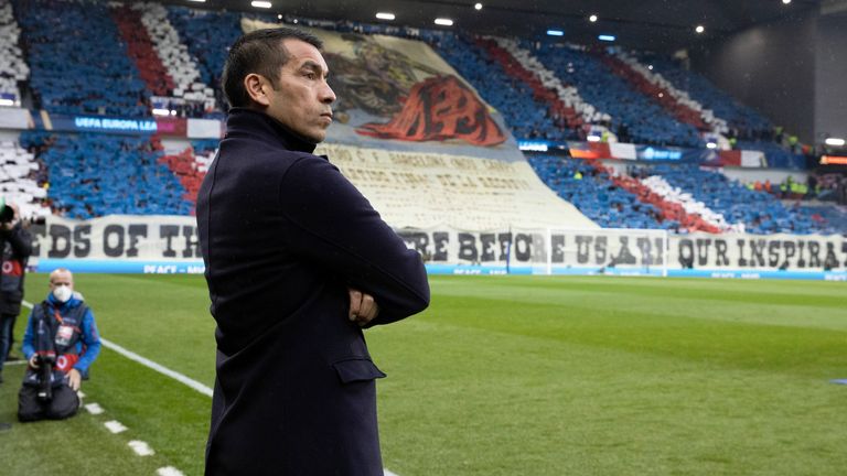 Rangers manager Giovanni van Bronckhorst before the Europa League semi-final between Rangers and RB Leipzig at Ibrox 