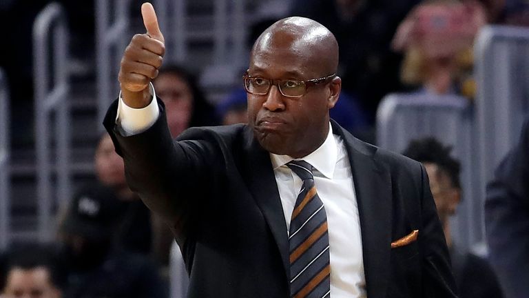 Golden State Warriors assistant coach Mike Brown gestures against the Portland Trail Blazers during a clash in November 2019