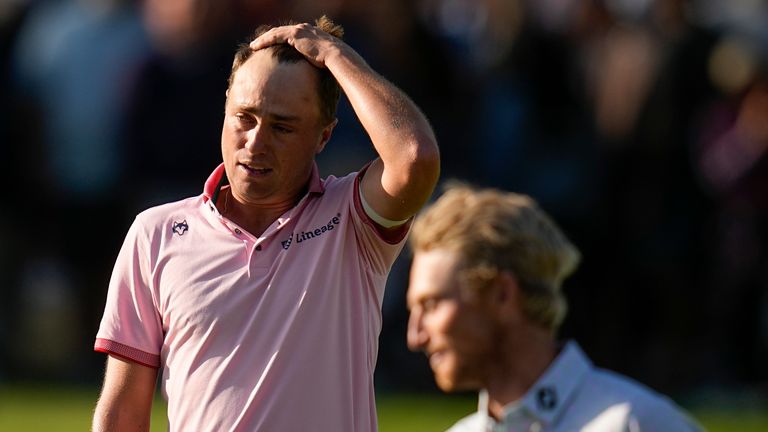 Justin Thomas reacts after winning the PGA Championship golf tournament in a playoff against Will Zalatoris at Southern Hills Country Club, Sunday, May 22, 2022, in Tulsa, Okla.