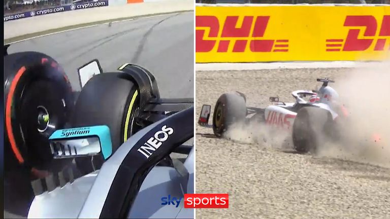 Lewis Hamilton and Kevin Magnussen collide on the opening lap of the Spanish Grand Prix, leading to a puncture for the Mercedes driver