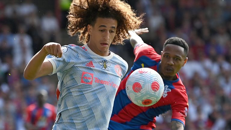 Hannibal Mejbri of Manchester United is challenged by Nathaniel Clyne of Crystal Palace during the Premier League match between Crystal Palace and Manchester United at Selhurst Park on May 22, 2022 in London, England