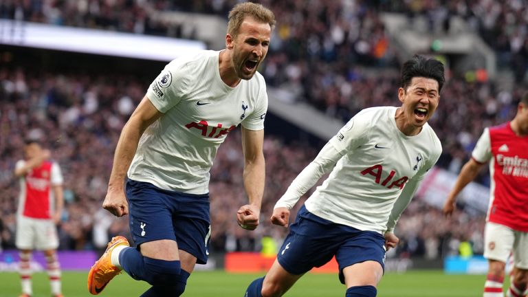 Harry Kane celebrates his penalty putting Tottenham ahead after Heung-Min Son was fouled