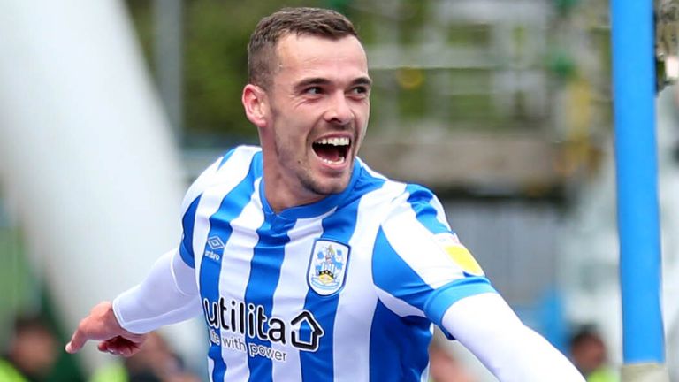 Harry Toffolo celebrates after putting Huddersfield ahead against Bristol City
