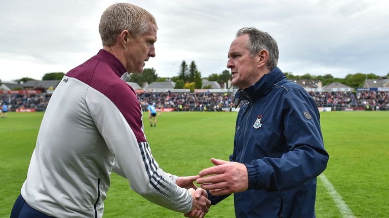 21 May 2022; Galway manager Henry Shefflin shakes hands with Dublin manager Mattie Kenny at the end of the game in the Leinster GAA Hurling Senior Championship Round 5 match between Galway and Dublin at Pearse Stadium in Galway. Photo by Ray Ryan/Sportsfile