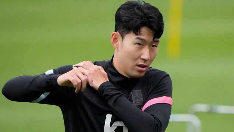 South Korea's Son Heung-min warms up during a training session at the National Football Center in Paju, South Korea, Monday, May 30, 2022. South Korea will play a friendly soccer match against Brazil on June 2. (AP Photo/Lee Jin-man)