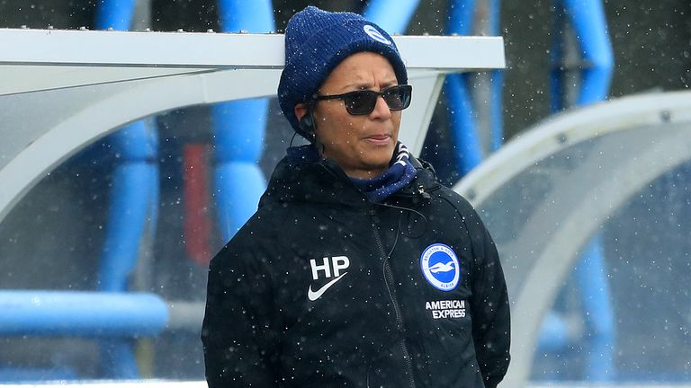 Brighton and Hove Albion manager Hope Powell during the FA Women's Super League match at Kingsmeadow in 2021