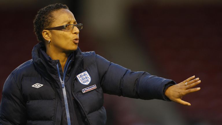 Hope Powell managing England Women's team a few years ago