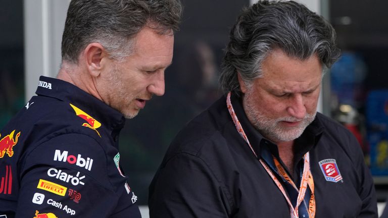 Red Bull Racing principal Christian Horner, left, talks with Michael Andretti at the Miami GP