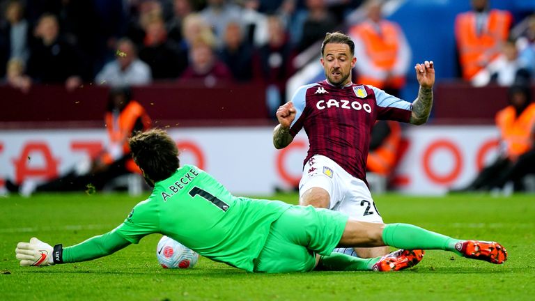 Danny Ings had a one-on-one saved by Alisson Becker