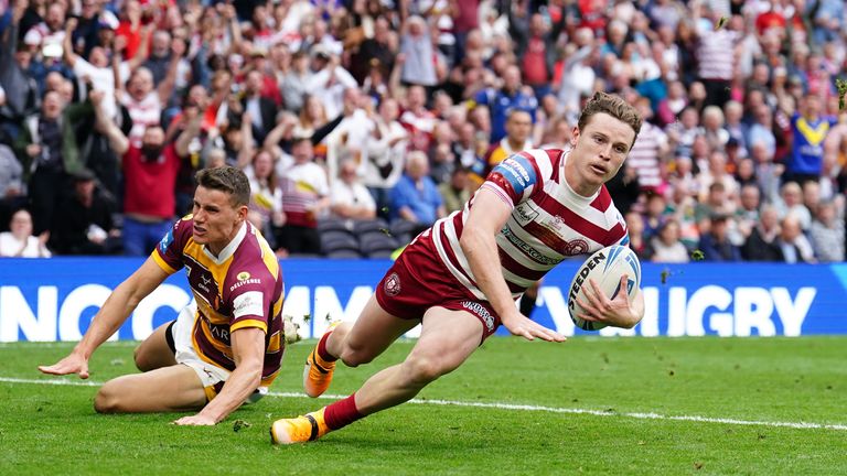 Huddersfield Giants v Wigan Warriors - Betfred Challenge Cup - Final - Tottenham Hotspur Stadium
Wigan Warriors' Jai Field scores a try during the Betfred Challenge Cup final at the Tottenham Hotspur Stadium Picture date: Saturday May 28, 2022.