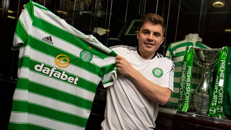 GLASGOW, SCOTLAND - MAY 12: James Forrest signs a new contract at Celtic Park, on May 12, 2022, in Glasgow, Scotland.  (Photo by Ross MacDonald / SNS Group)