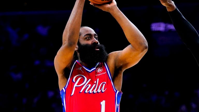 Philadelphia 76ers guard James Harden shoots against the Miami Heat in Game 4