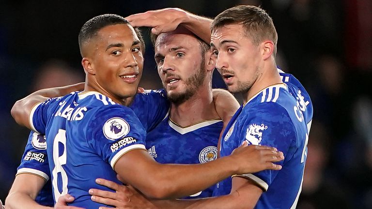 James Maddison is congratulated after putting Leicester 3-0 up against Norwich