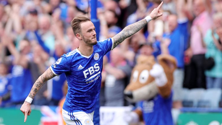 James Maddison of Leicester City celebrates after scoring to make it 1-0 during the Premier League match between Leicester City and Southampton at King Power Stadium on May 22, 2022 in Leicester, England