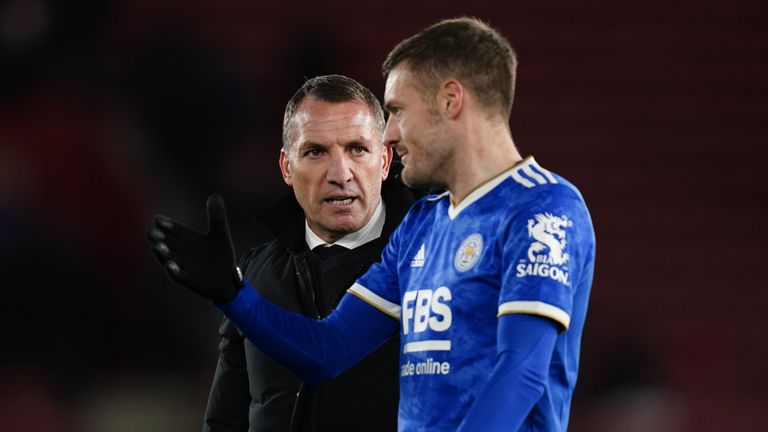 Leicester City manager Brendan Rodgers speaks with Jamie Vardy after the Premier League match between Southampton and Leicester City at St Mary's Stadium, Southampton.