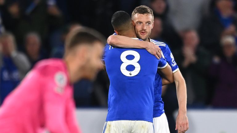 Jamie Vardy celebrates after opening the scoring for Leicester against Norwich