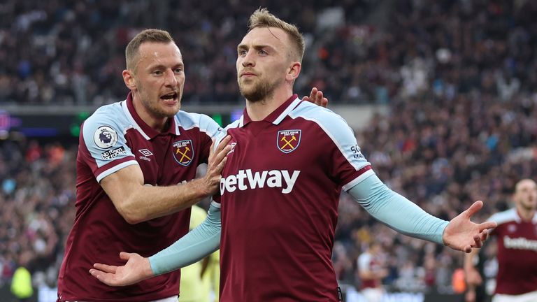 West Ham's Jarrod Bowen celebrates after scoring his sides equaliser