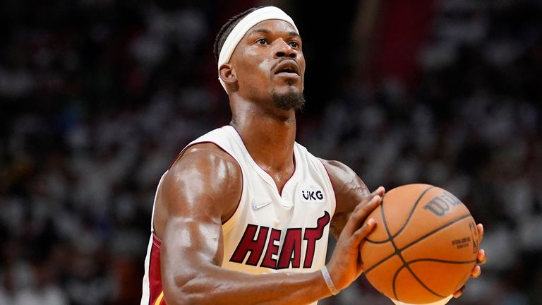 Miami Heat forward Jimmy Butler shoots from the free-throw line during the second half of Game 1 against the Boston Celtics