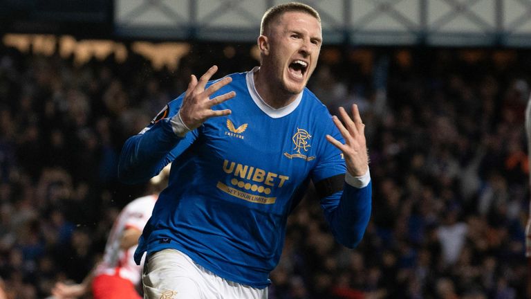 GLASGOW, SCOTLAND - MAY 05: Rangers&#39; John Lundstram celebrates making it 3-1 during a UEFA Europa League Semi-Final match between Rangers and Red Bull Leipzig at Ibrox Stadium, on May 05, 2022, in Glasgow, Scotland. (Photo by Alan Harvey / SNS Group)