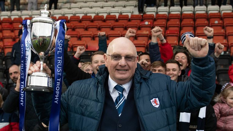 Raith Rovers manager John McGlynn celebrates with the SPFL Trust Trophy Final 