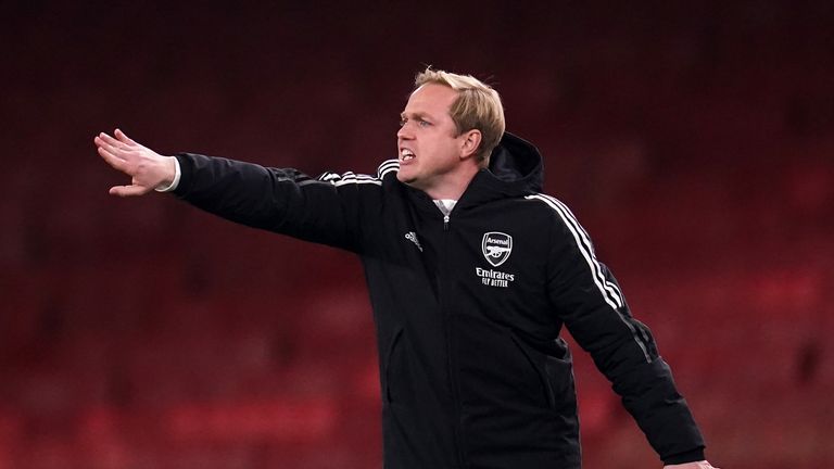 Arsenal head coach Jonas Eidevall on the touchline during the first leg of the UEFA Women's Champions League quarter-final at the Emirates Stadium, London.