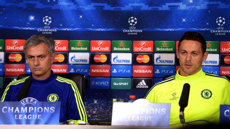 Chelsea's Manager Jose Mourinho and Nemanja Matic during a press conference at Cobham Training Ground, Surrey. PRESS ASSOCIATION Photo. Picture date: Monday October 20, 2014. See PA story SOCCER Chelsea. Photo credit should read Adam Davy/PA Wire.