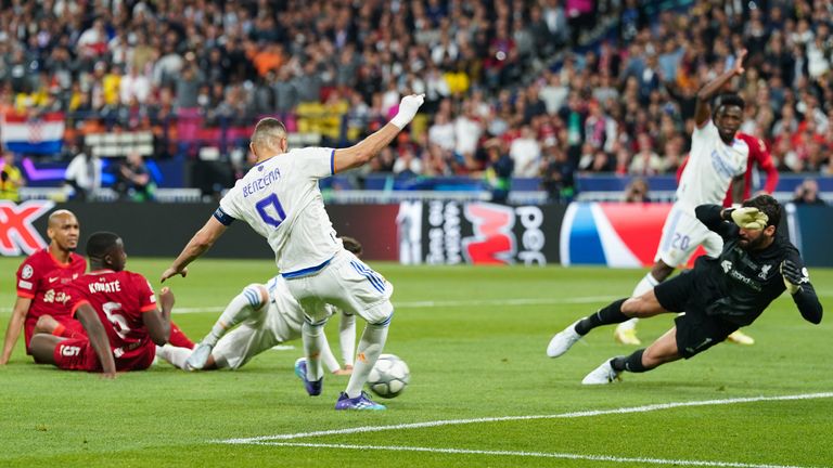 Real Madrid's Karim Benzema scores a subsequently disallowed goal in the Champions League final against Liverpool