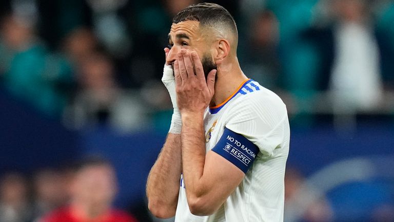 Real Madrid's Karim Benzema reacts after his goal was disallowed during the Champions League final between Liverpool and Real Madrid at the Stade de France 