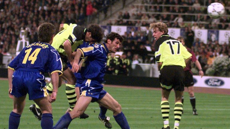 Karl-Heinz Riedle scores the second of his two goals for Borussia Dortmund against Juventus in the 1997 Champions League final
