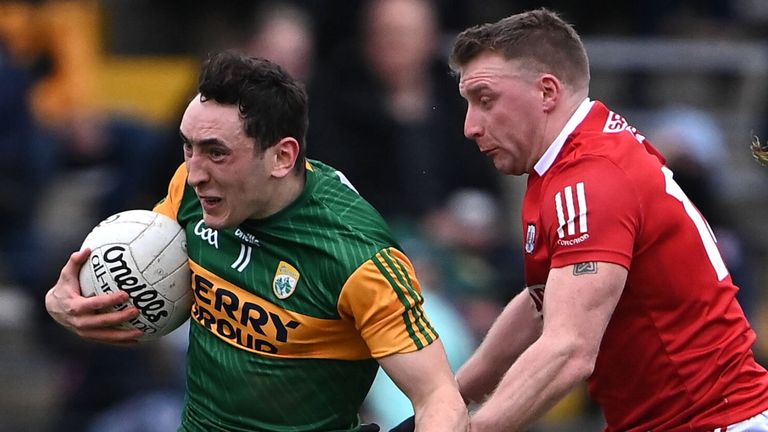 22 January 2022; Paudie Clifford of Kerry in action against Brian Hurley of Cork during the McGrath Cup Final match between Kerry and Cork at Fitzgerald Stadium in Killarney, Kerry. Photo by Piaras .. M..dheach/Sportsfile