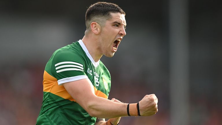 7 May 2022; Tony Brosnan of Kerry celebrates scoring a point during the Munster GAA Football Senior Championship Semi-Final match between Cork and Kerry at P..irc Ui Rinn in Cork. Photo by Stephen McCarthy/Sportsfile