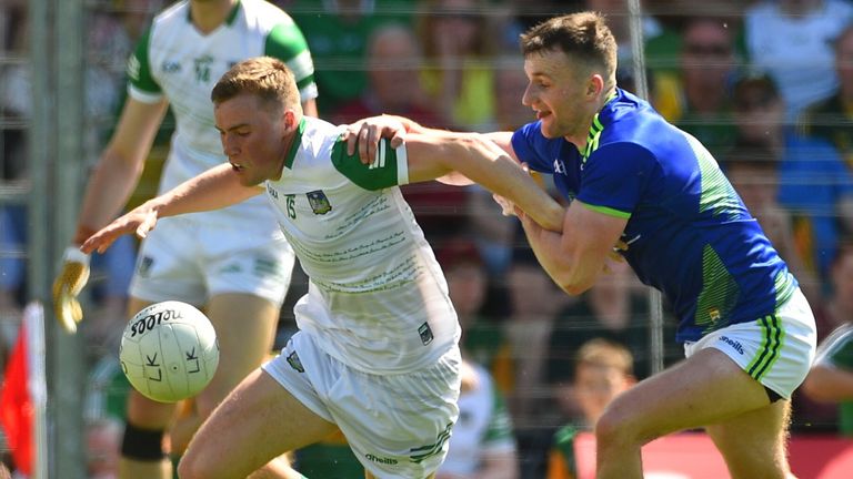 28 May 2022; Hugh Bourke of Limerick in action against Tom O...Sullivan of Kerry during the Munster GAA Football Senior Championship Final match between Kerry and Limerick at Fitzgerald Stadium in Killarney. Photo by Diarmuid Greene/Sportsfile