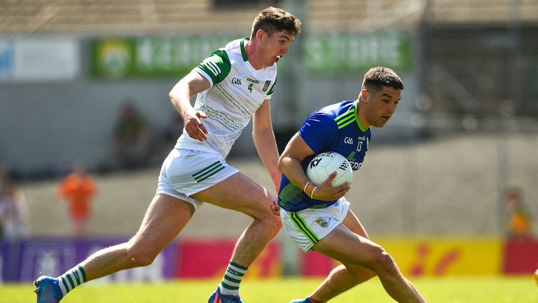 28 May 2022; Tony Brosnan of Kerry in action against Michael Donovan of Limerick during the Munster GAA Football Senior Championship Final match between Kerry and Limerick at Fitzgerald Stadium in Killarney. Photo by Diarmuid Greene/Sportsfile
