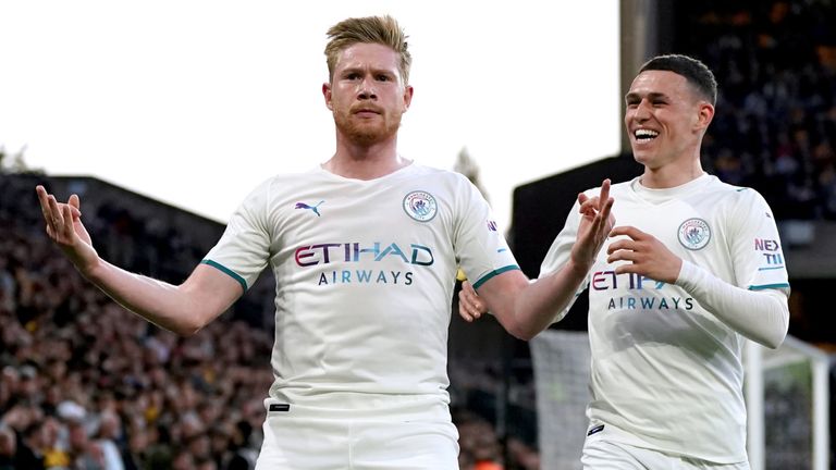 Kevin De Bruyne celebrates after completing a first-half hat-trick at Wolves