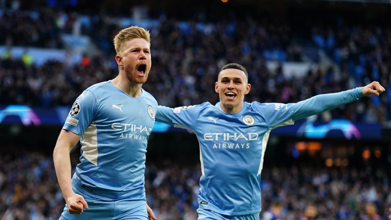 Manchester City&#39;s Kevin De Bruyne celebrates scoring their side&#39;s first goal of the game during the UEFA Champions League Semi Final, First Leg, at the Etihad Stadium, Manchester.